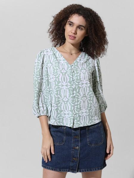 casual balloon sleeve printed women light green, white top