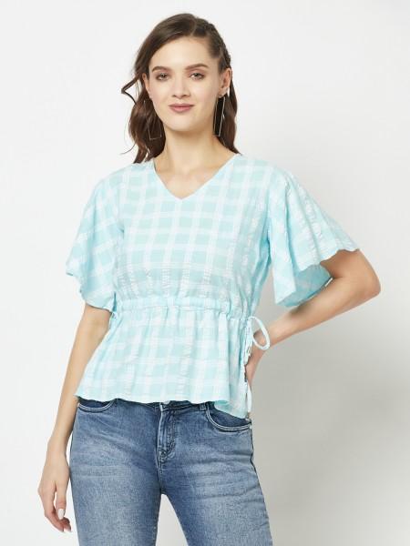 casual regular sleeves checkered women blue top