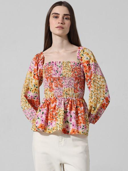 casual puff sleeves printed women multicolor top