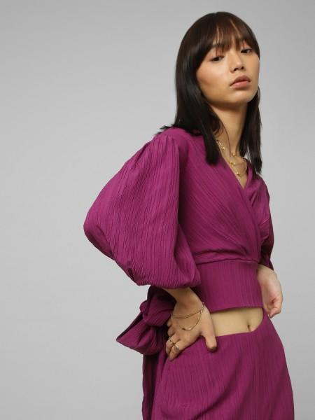 casual balloon sleeve solid women purple top