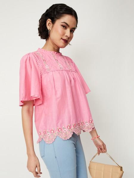 casual flutter sleeves embroidered women pink top