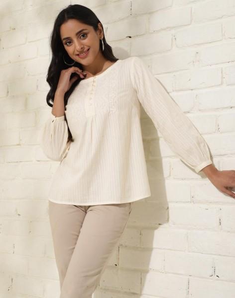 casual regular sleeves embroidered women beige top