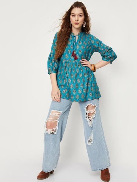 casual regular sleeves floral print women blue top