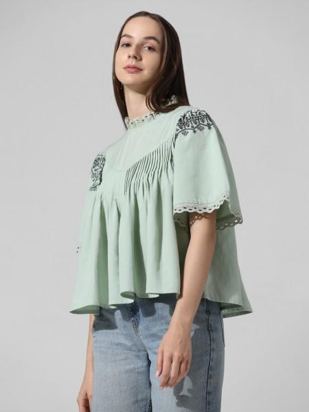 casual flared sleeves embroidered women light green top