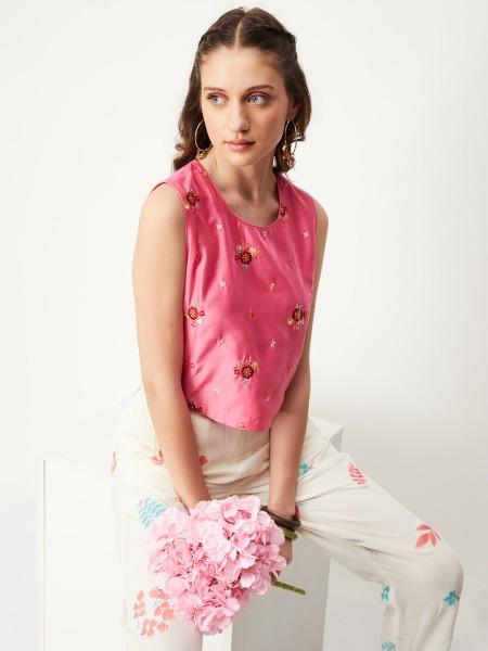 casual sleeveless embroidered women pink top