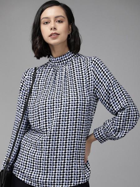 casual regular sleeves printed, checkered women blue top