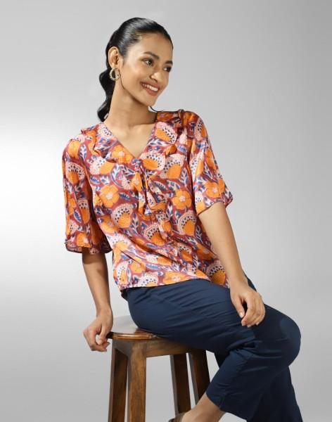 casual flared sleeves printed women orange top