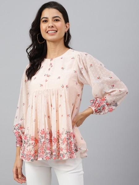 casual puff sleeves printed women pink top