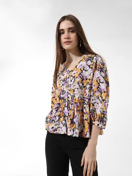 casual cuffed sleeves printed women multicolor top