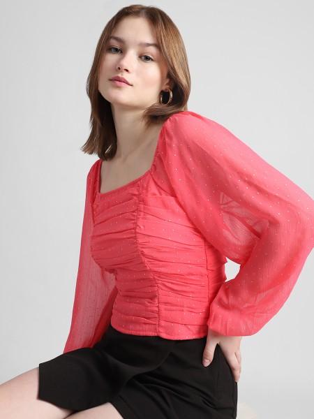 casual puff sleeves solid women white, pink top