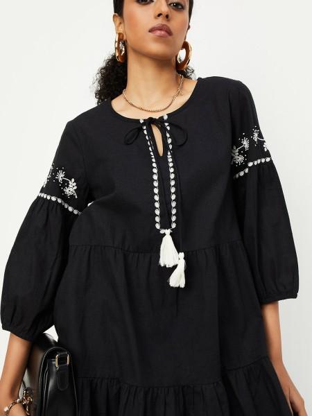 casual regular sleeves embroidered women black top