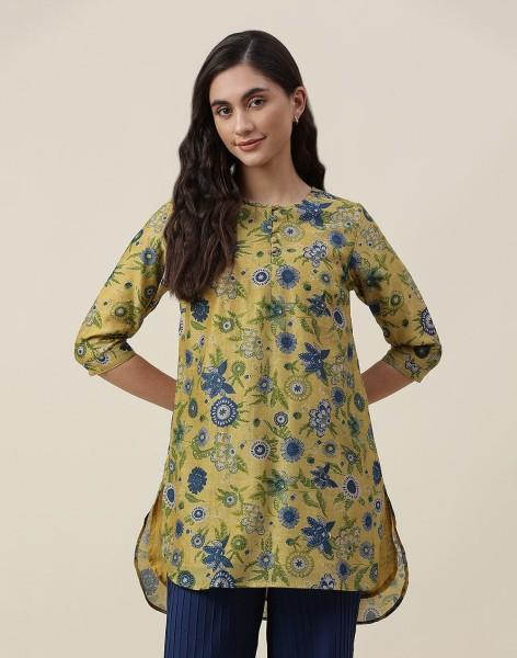 casual cuffed sleeves printed women yellow top