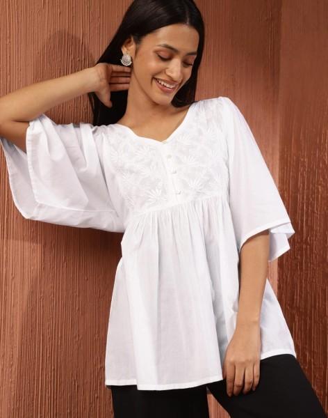 casual flared sleeves embroidered women white top