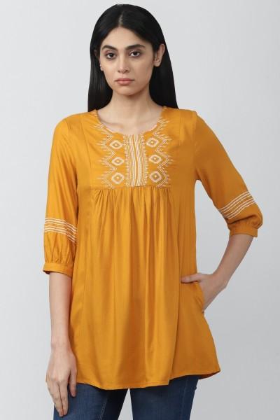 casual regular sleeves embroidered women yellow top