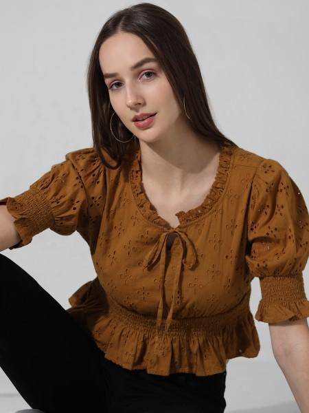 casual puff sleeves solid women brown top