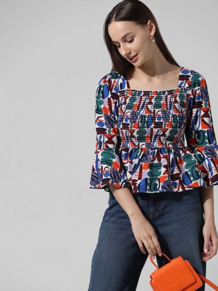 casual bell sleeves printed women multicolor top