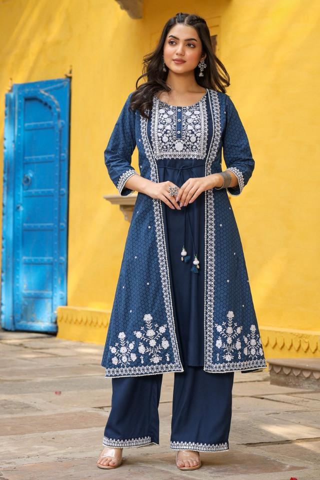 blue pure cotton thread embroidered a-line layered kurta palazzo set with tie-up at front (2-pcs)