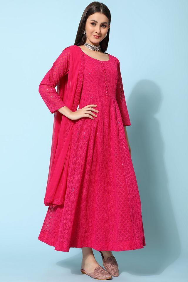 embroidered ankle length georgette knitted womens kurta set