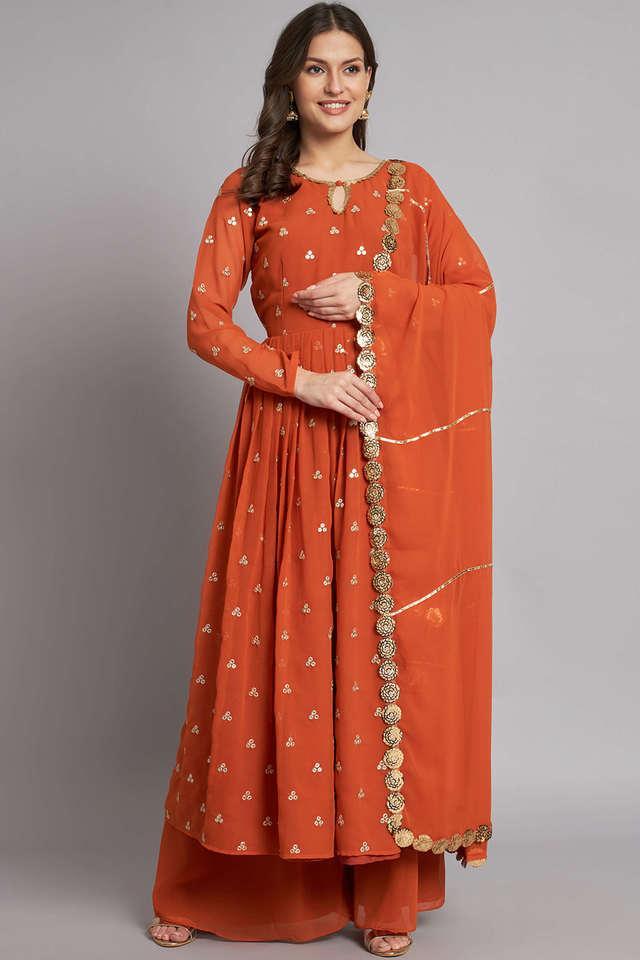 embroidered ankle length georgette knitted womens kurta set