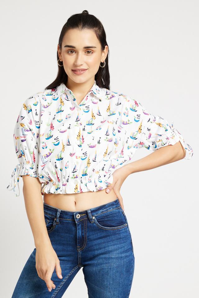 printed cotton blend collar neck womens shirt