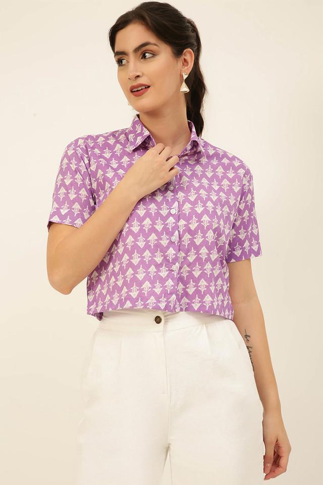 block print collared cotton womens fusion wear shirt