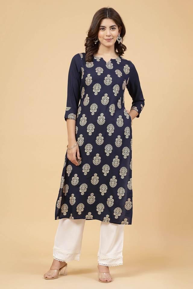 printed rayon v neck womens kurta