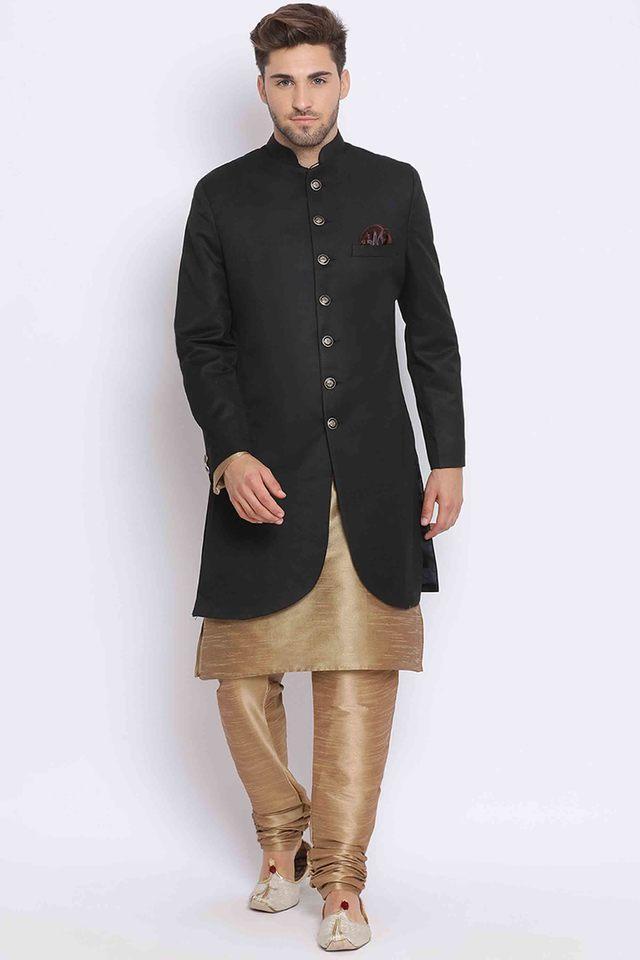 solid poly blend mens occasion wear kurta pyjama