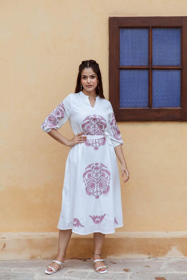 embroidered round neck cotton womens dress