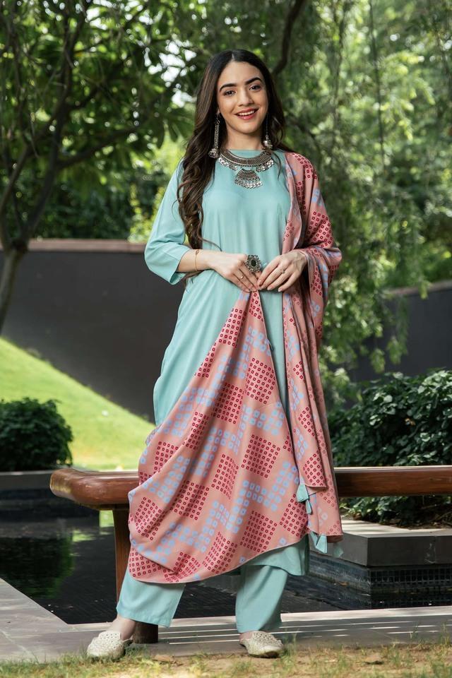 printed rayon boat neck womens kurta pant dupatta set