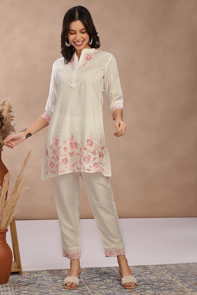 embroidered mid thigh silk woven womens kurta set