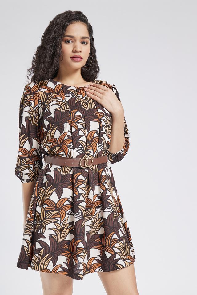 printed round neck viscose blend womens knee length dress