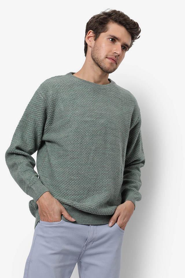 solid wool round neck mens sweater