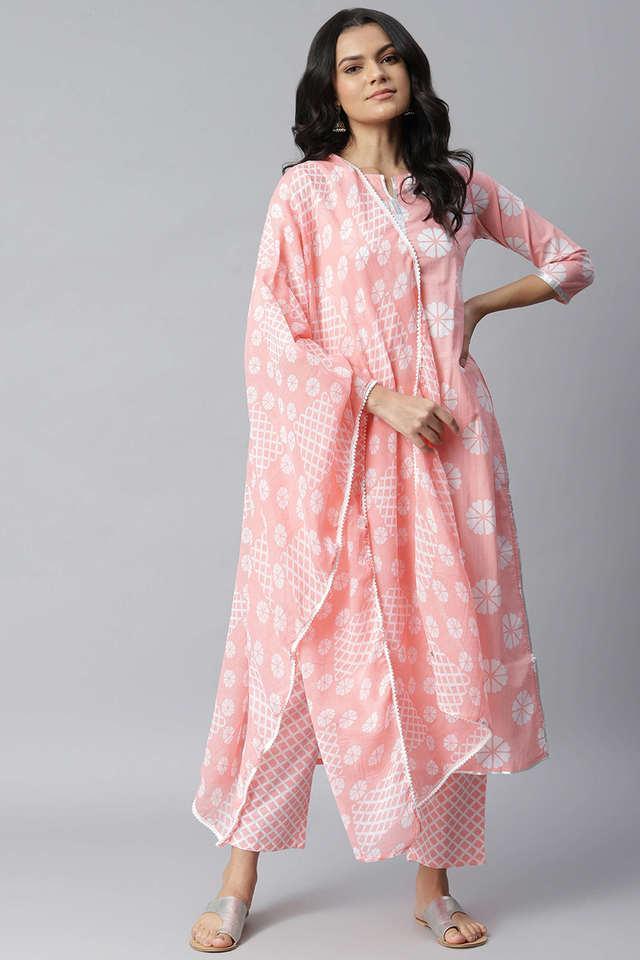 floral cotton round neck womens kurta pant dupatta set