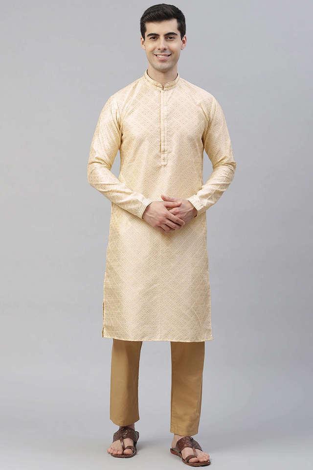 printed silk blend regular fit mens straight kurta with pant