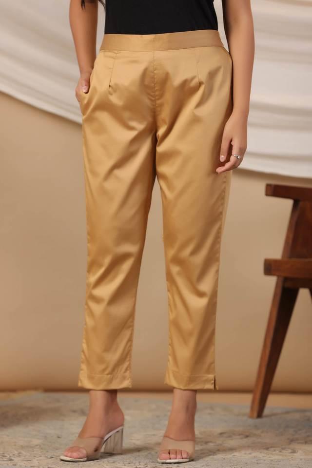 gold solid lycra women drawstring pants with single side pocket