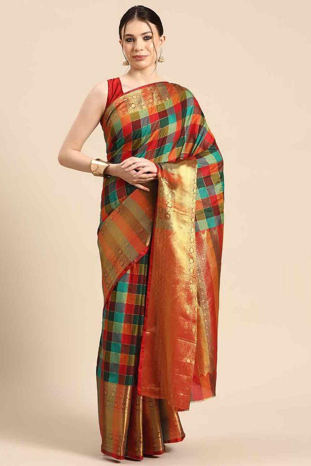 color block zari work silk active wear womens saree