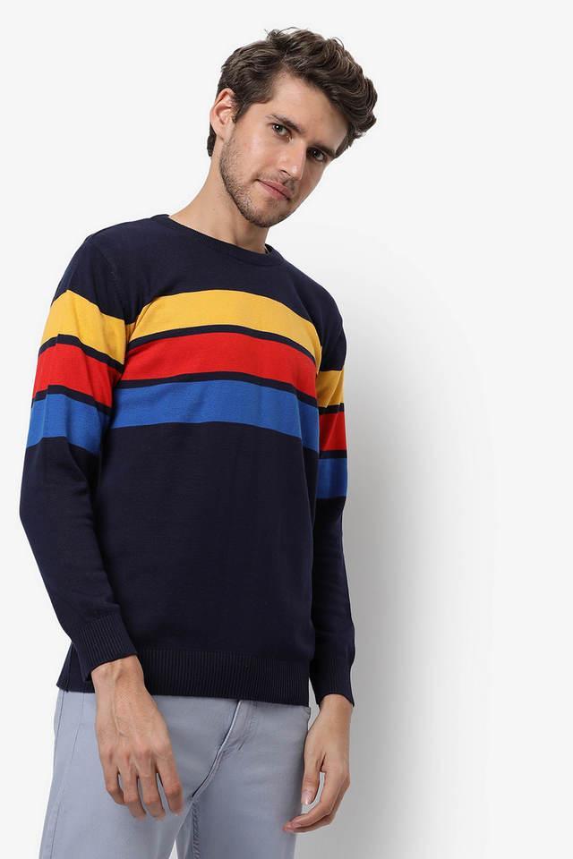 color block poly cotton round neck mens sweater