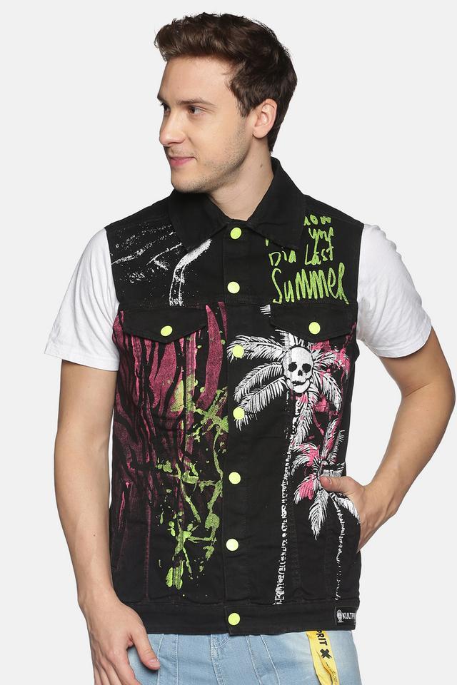 printed denim slim fit mens casual jacket