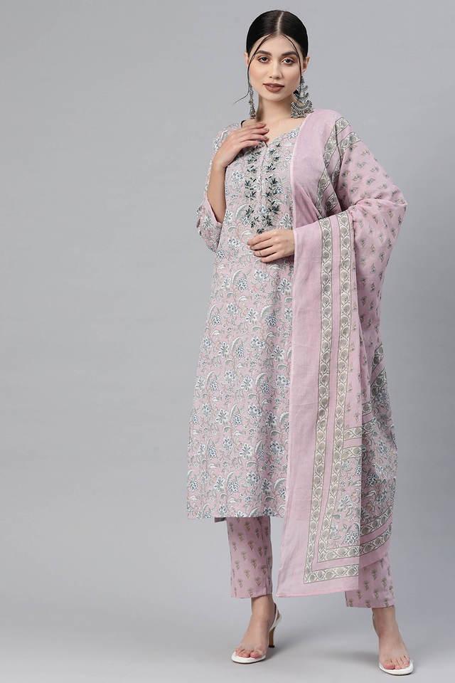 printed cotton round neck womens kurta pant dupatta set