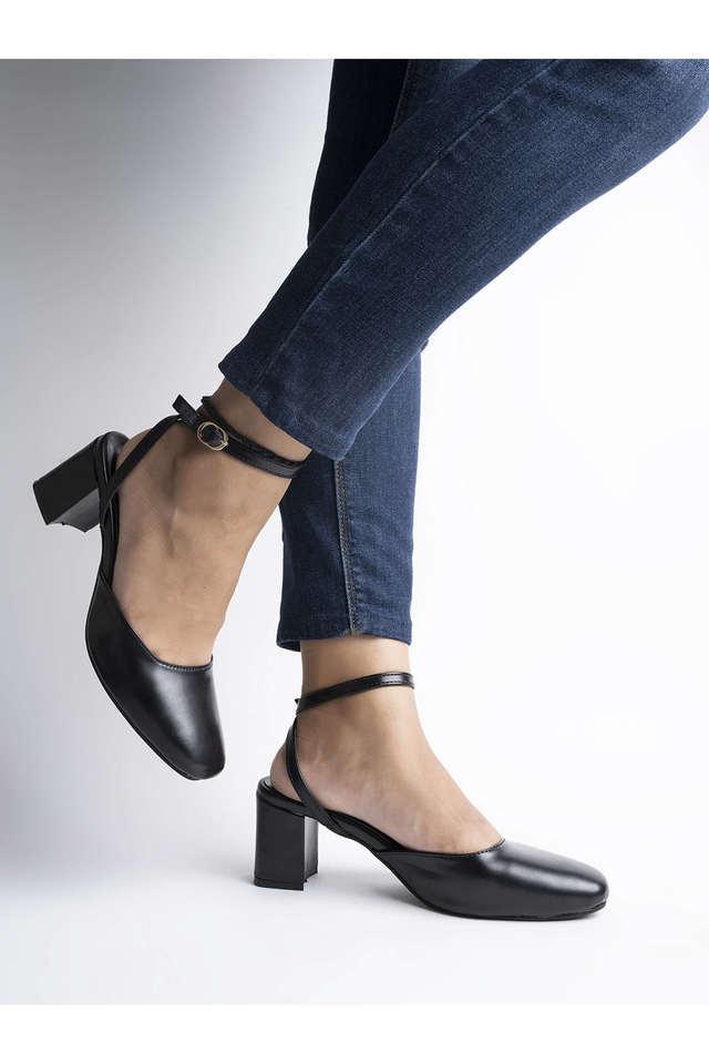 synthetic buckle womens casual pumps