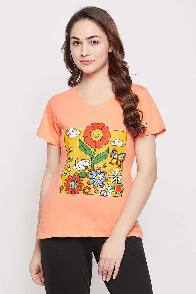 graphic print top in peach colour - cotton