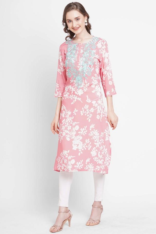 embroidered viscose rayon round neck womens kurta