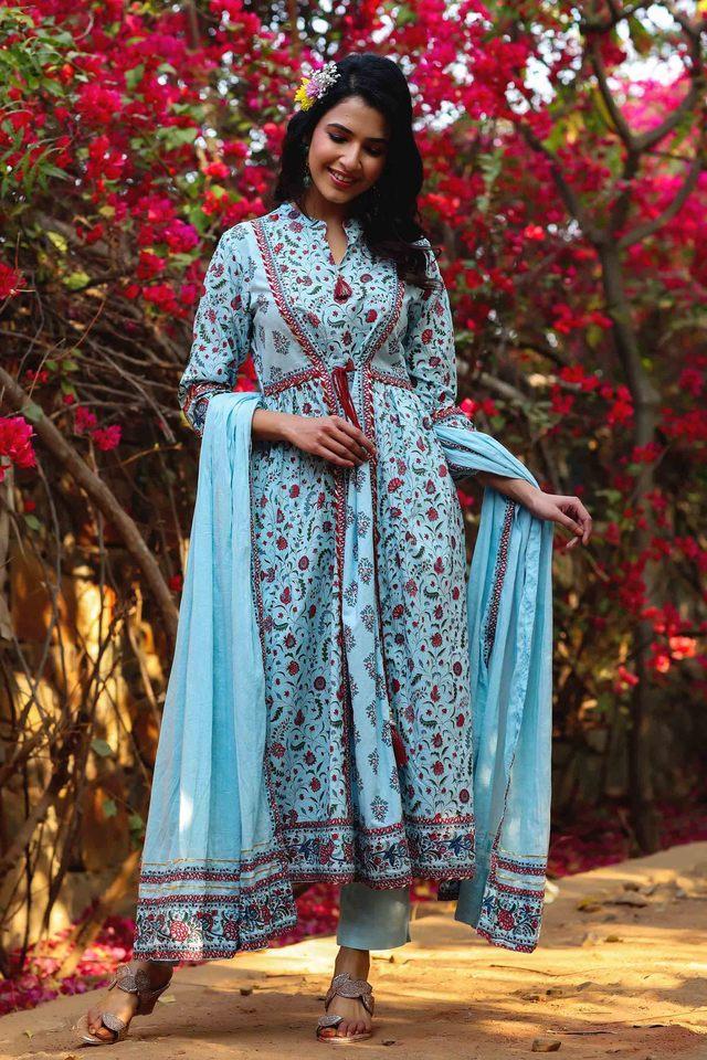 blue floral printed pure cotton kurta pants _ dupatta set with tassels _ lace