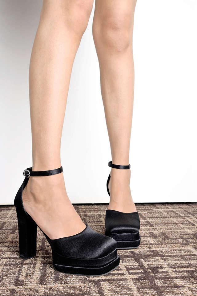 suede buckle chunky platform black high heels