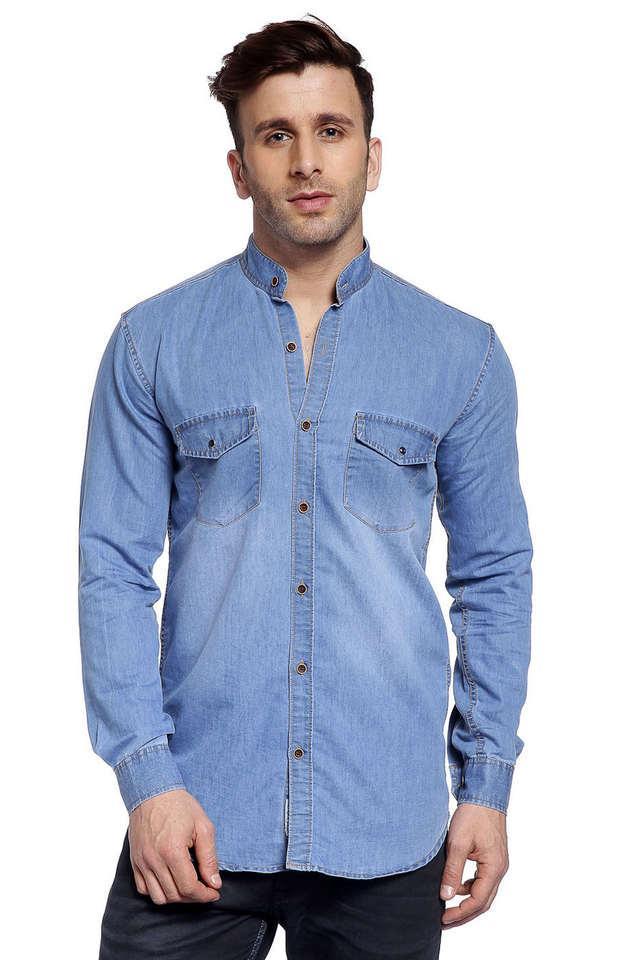 solid denim slim fit mens casual shirt