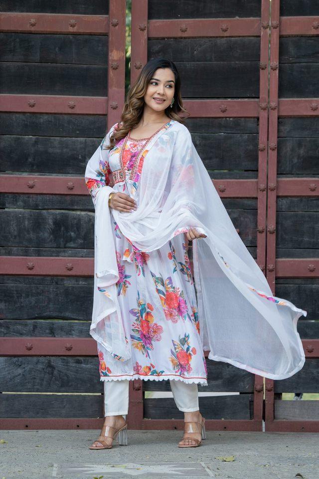 silk chiffon floral printed womens kurta wtith trouser _ dupatta