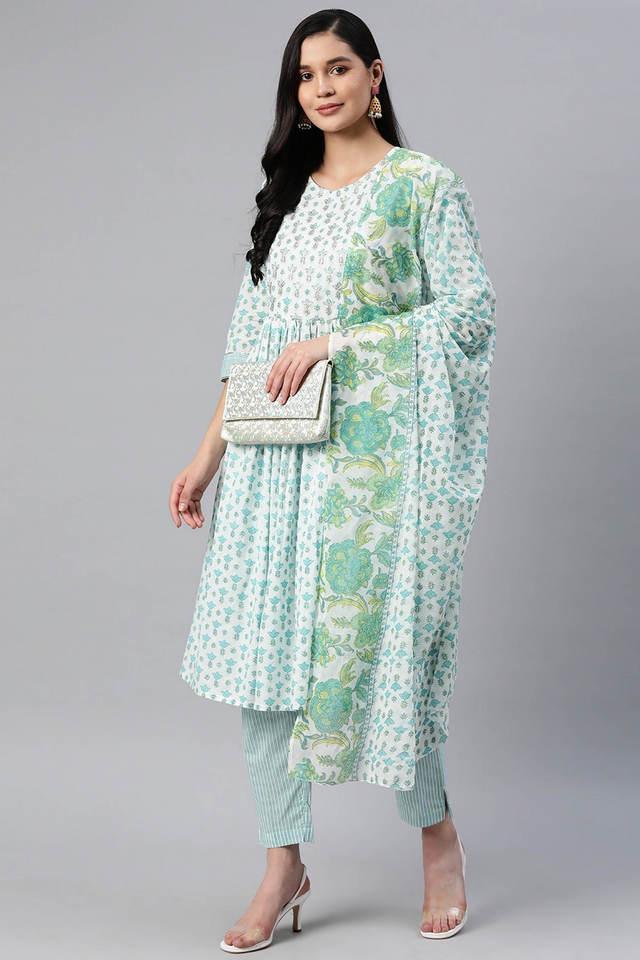 embroidered cotton round neck womens kurta pant dupatta set