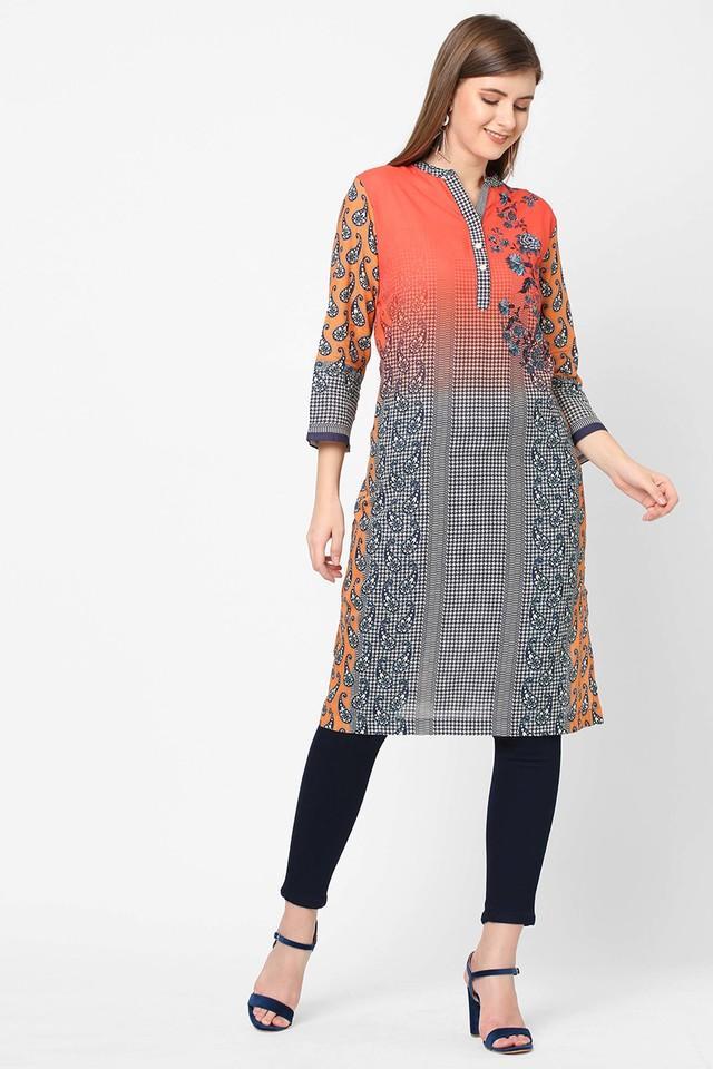 floral cotton blend round neck womens kurta