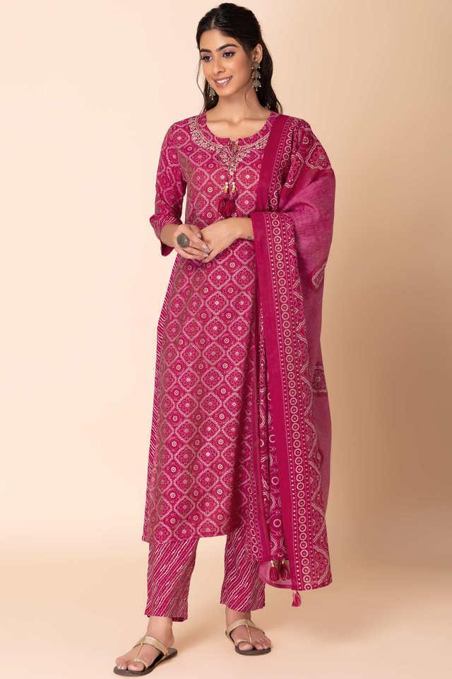 printed calf length muslin woven womens salwar kurta dupatta set