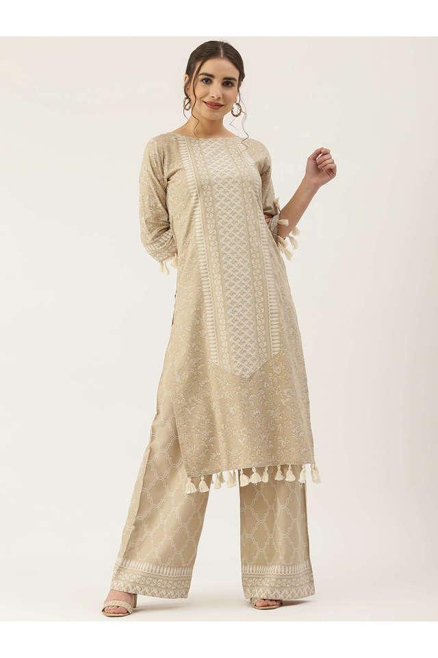 printed rayon round neck womens kurta palazzo set